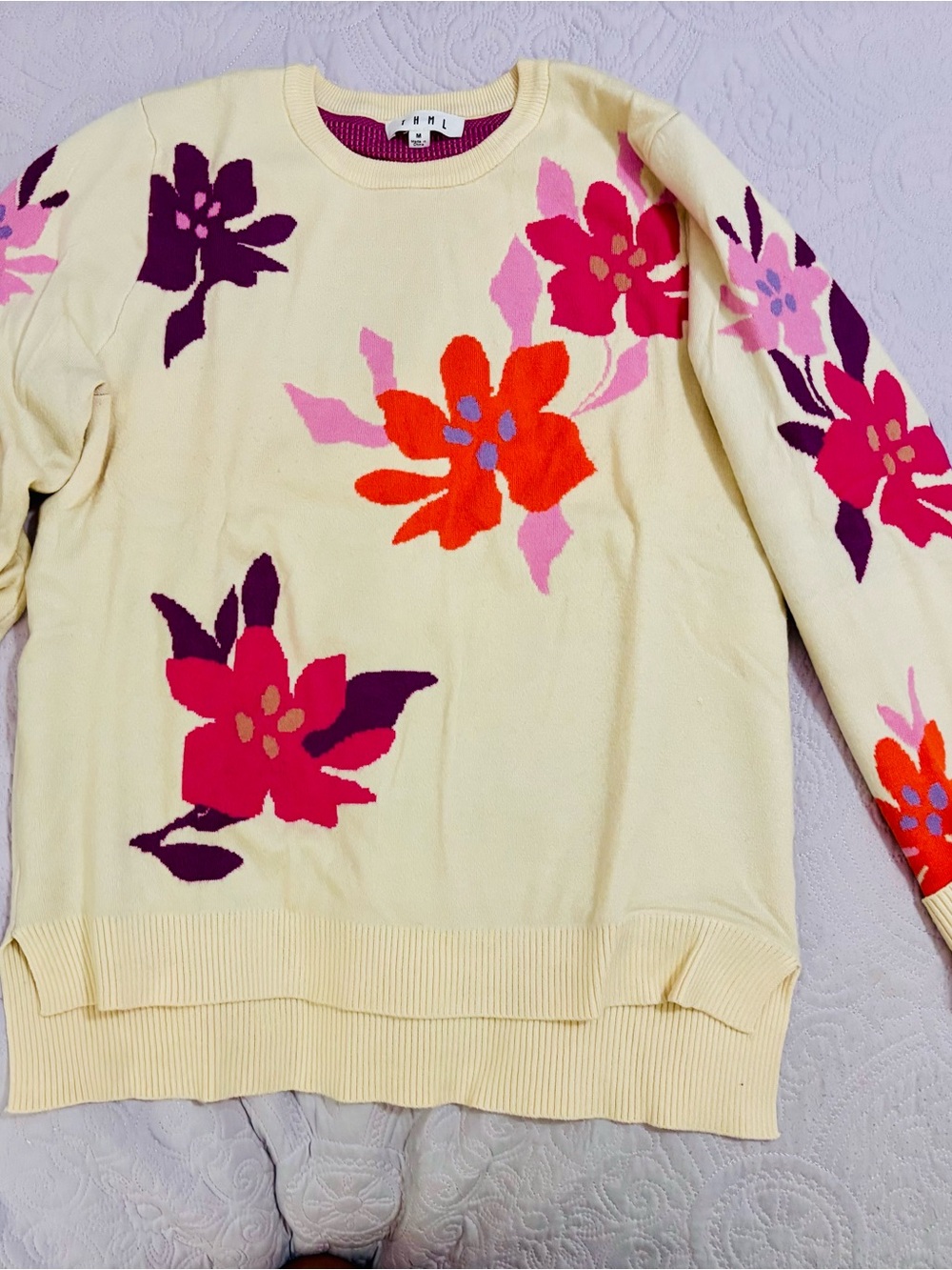 THML Floral Crewneck Sweater in Cream with Pink & Orange Accents Size Medium